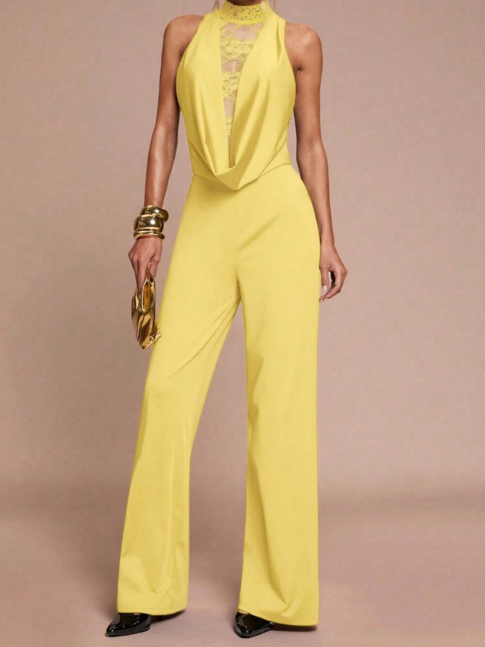 Yellow Elegant Women's Contrast Lace Halter Jumpsuit - Picture 4 of 6